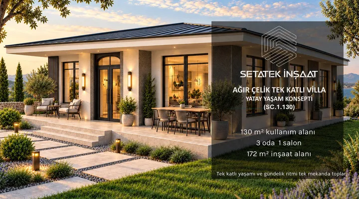 130 m² Tek Katlı Ağır Çelik Villa aydınlatılmış cephe görünümü
