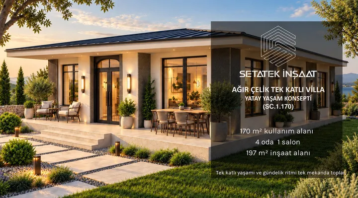 170 m² Tek Katlı Ağır Çelik Villa aydınlatılmış cephe görünümü