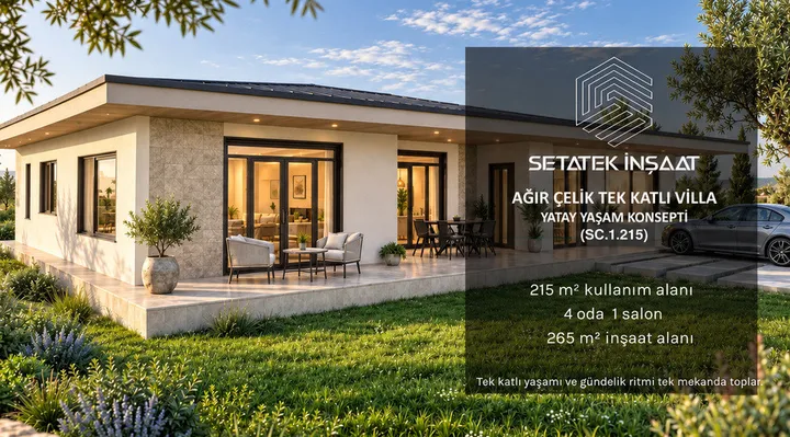 215 m² Tek Katlı Ağır Çelik Villa aydınlatılmış cephe görünümü
